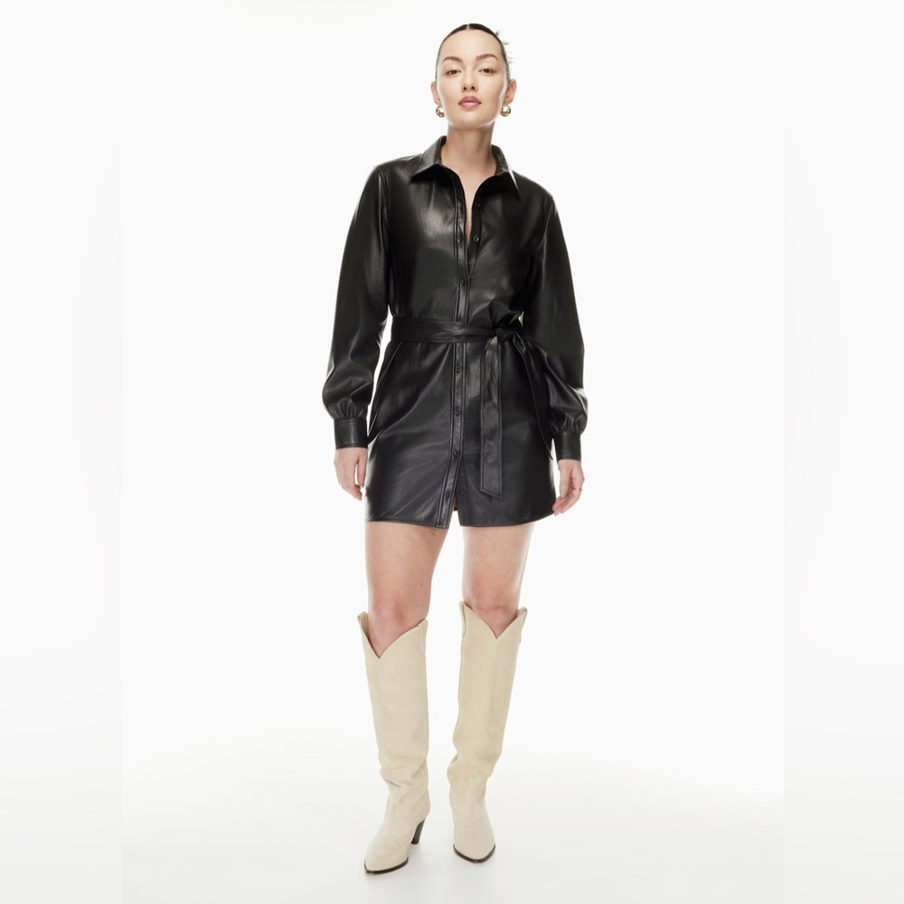 NWT Aritzia Wilfred Caroline Shirt Dress Size Small Black Faux Leather Dress